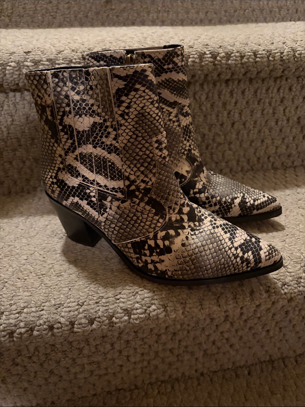 Blondo Waterproof Snake-Print Pointed Ankle Booties in Black & Cream